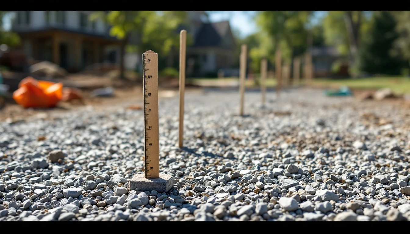 Grade stakes and string lines over a leveled gravel base