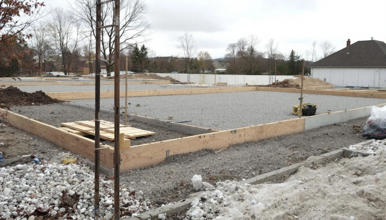 Graded gravel base with lumber forms staked along the edge