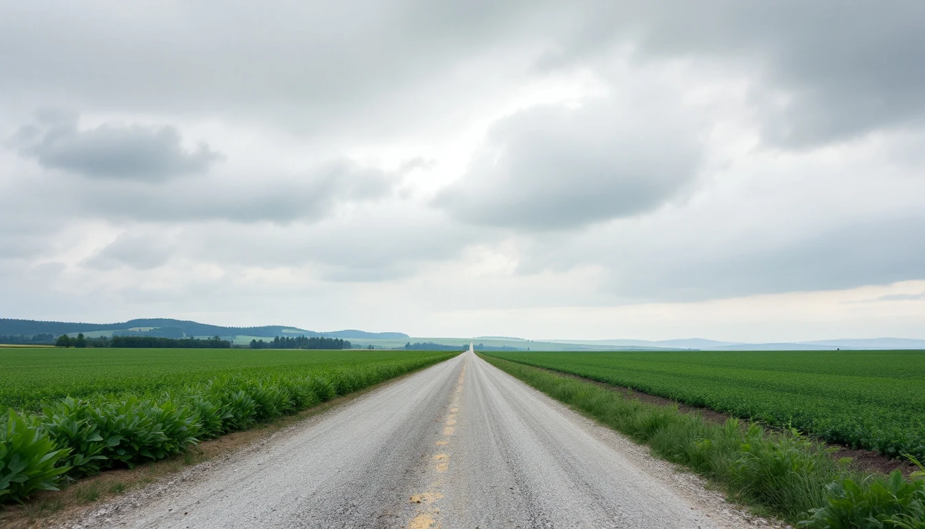 Freshly graded gravel lane stretching toward open flat fields