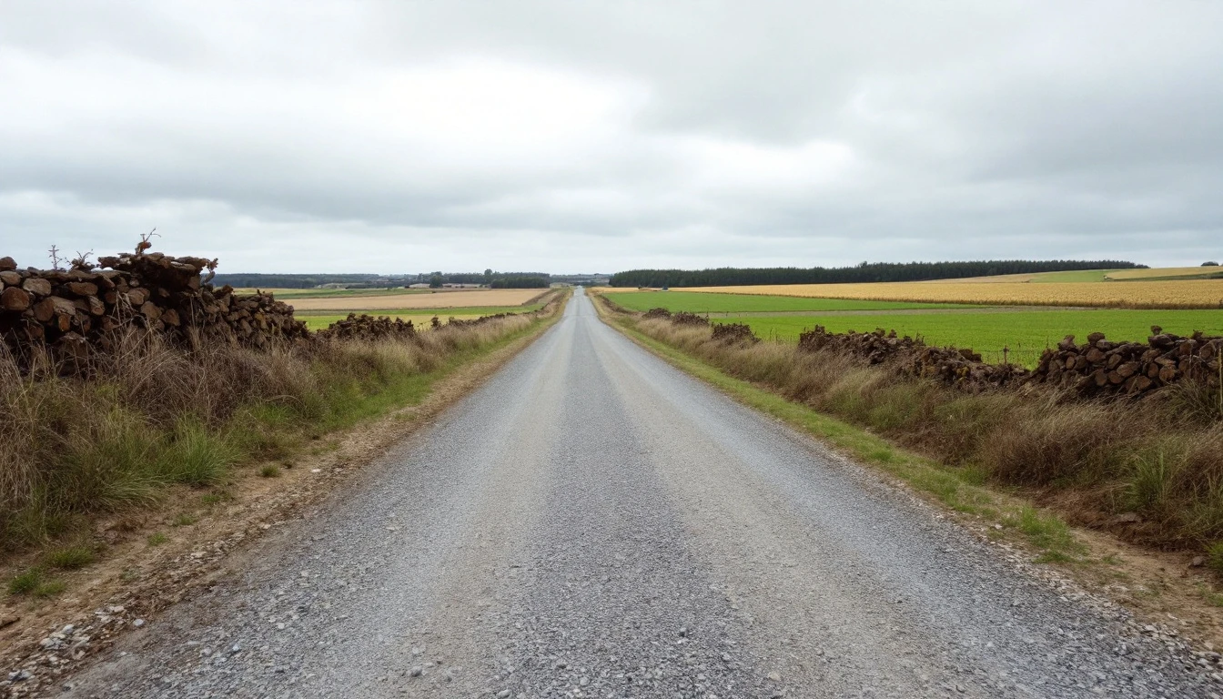 Freshly graded gravel lane seen from above under flat gray skies