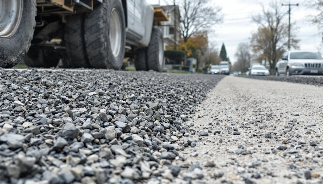 Crushed stone spread in an even layer awaiting paving