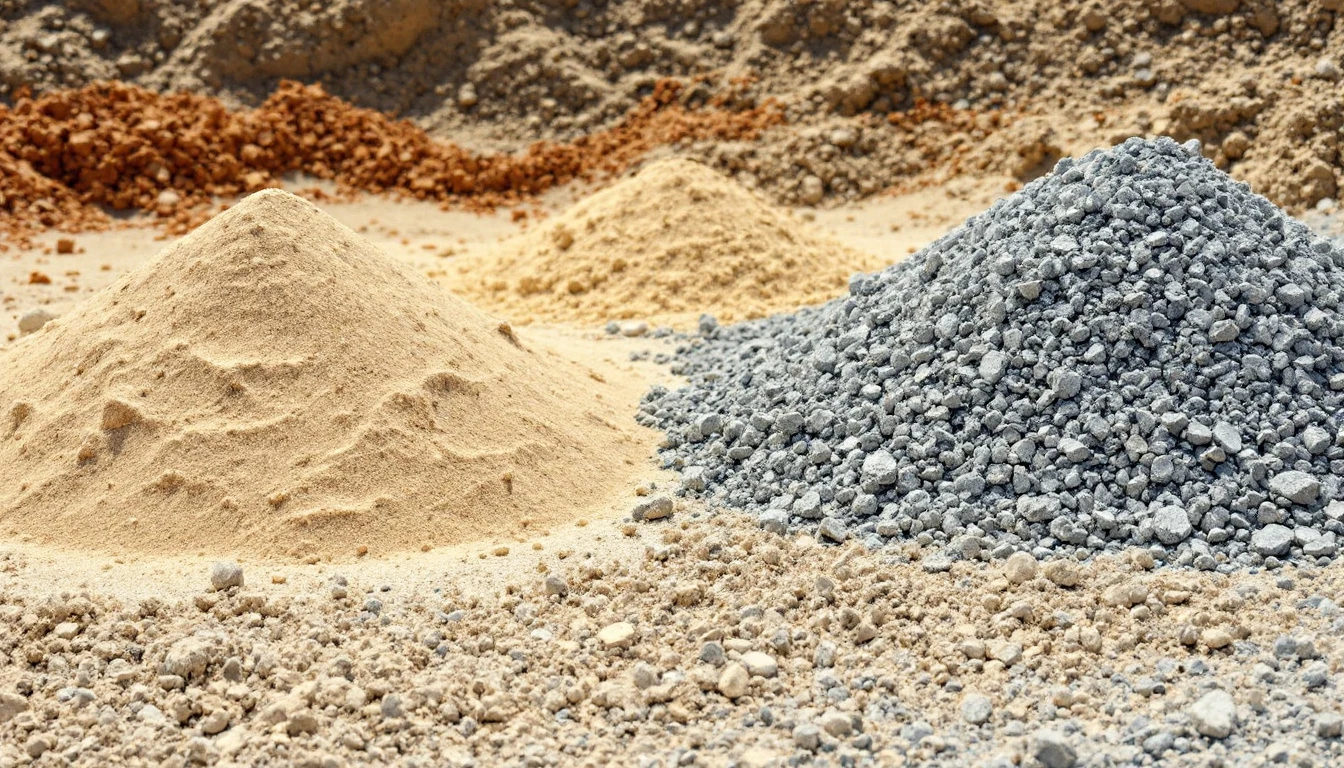 Separate piles of fine and coarse sand beside a gravel work area