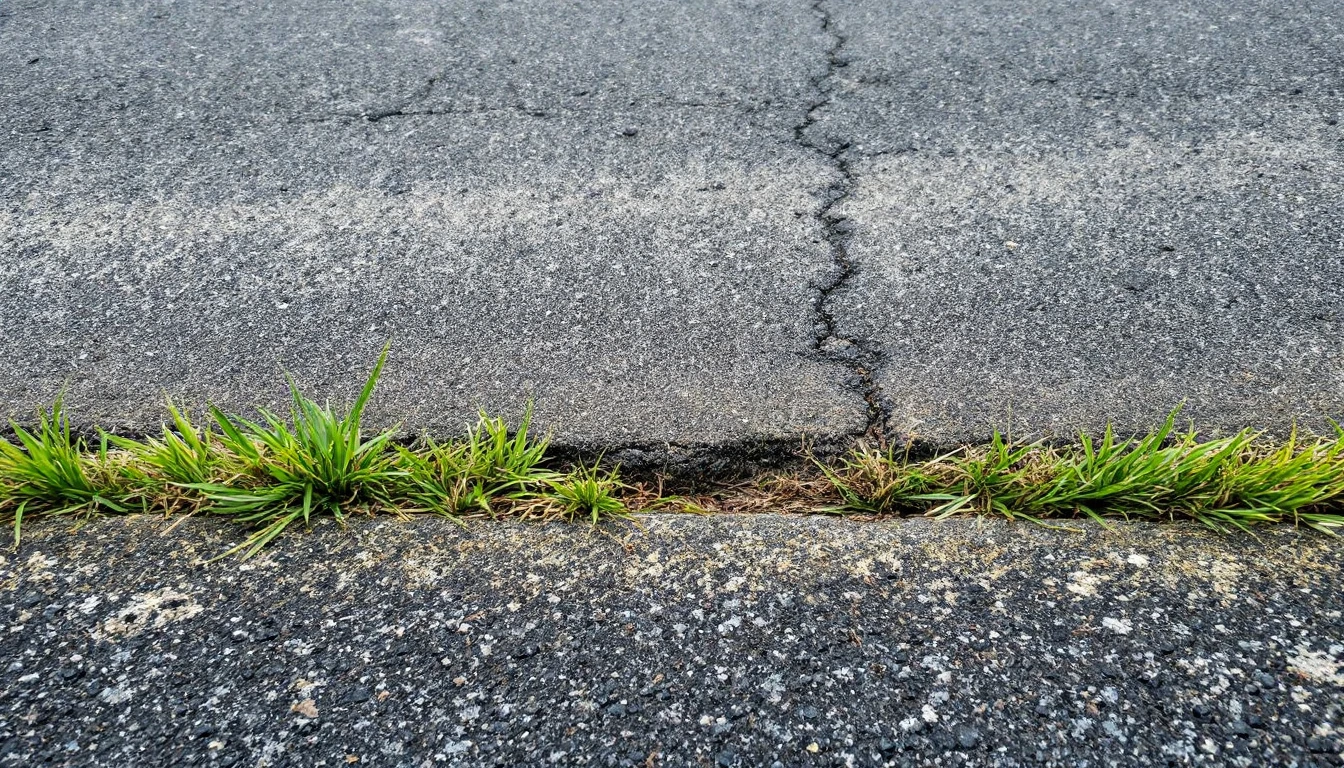 Weathered asphalt surface bordered by creeping grass along one edge