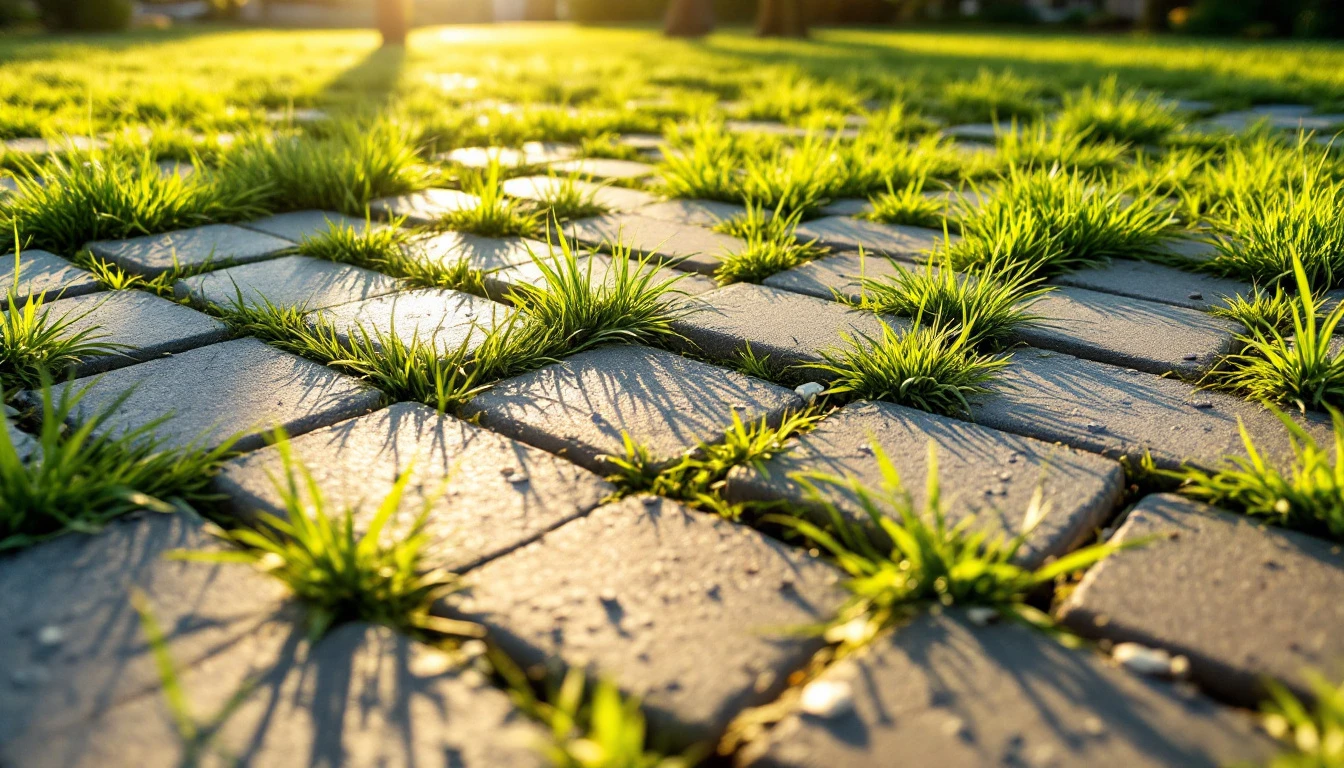 Grass growing through open grid pavers in bright sunlight
