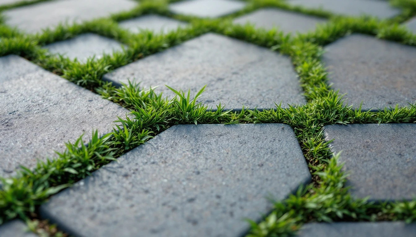 Turf filled grid blocks meeting solid interlocking stones at a seam