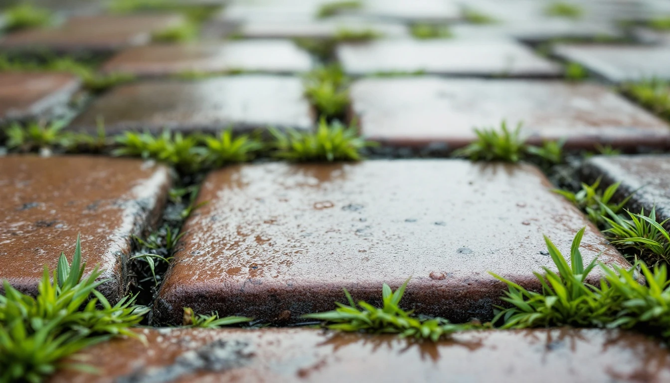 Grass growing between weathered paver joints after a rain shower