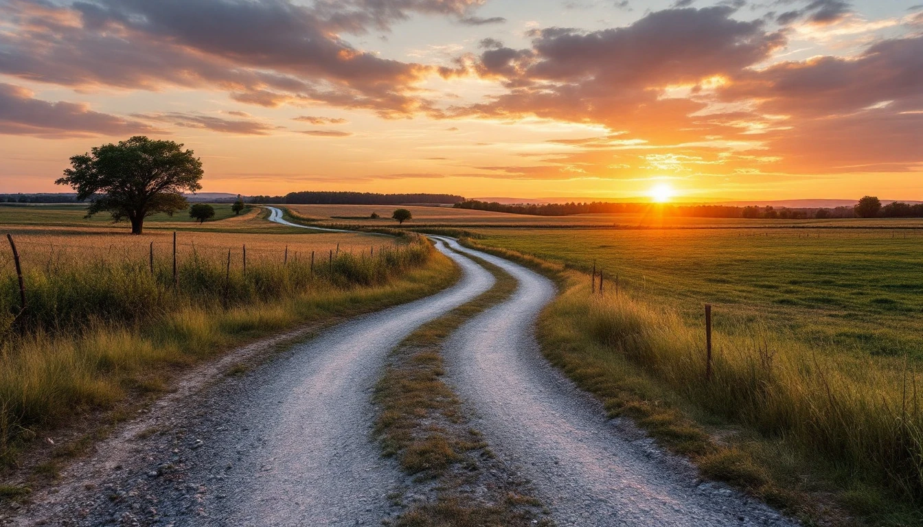 Gravel track curving toward open pasture in golden light