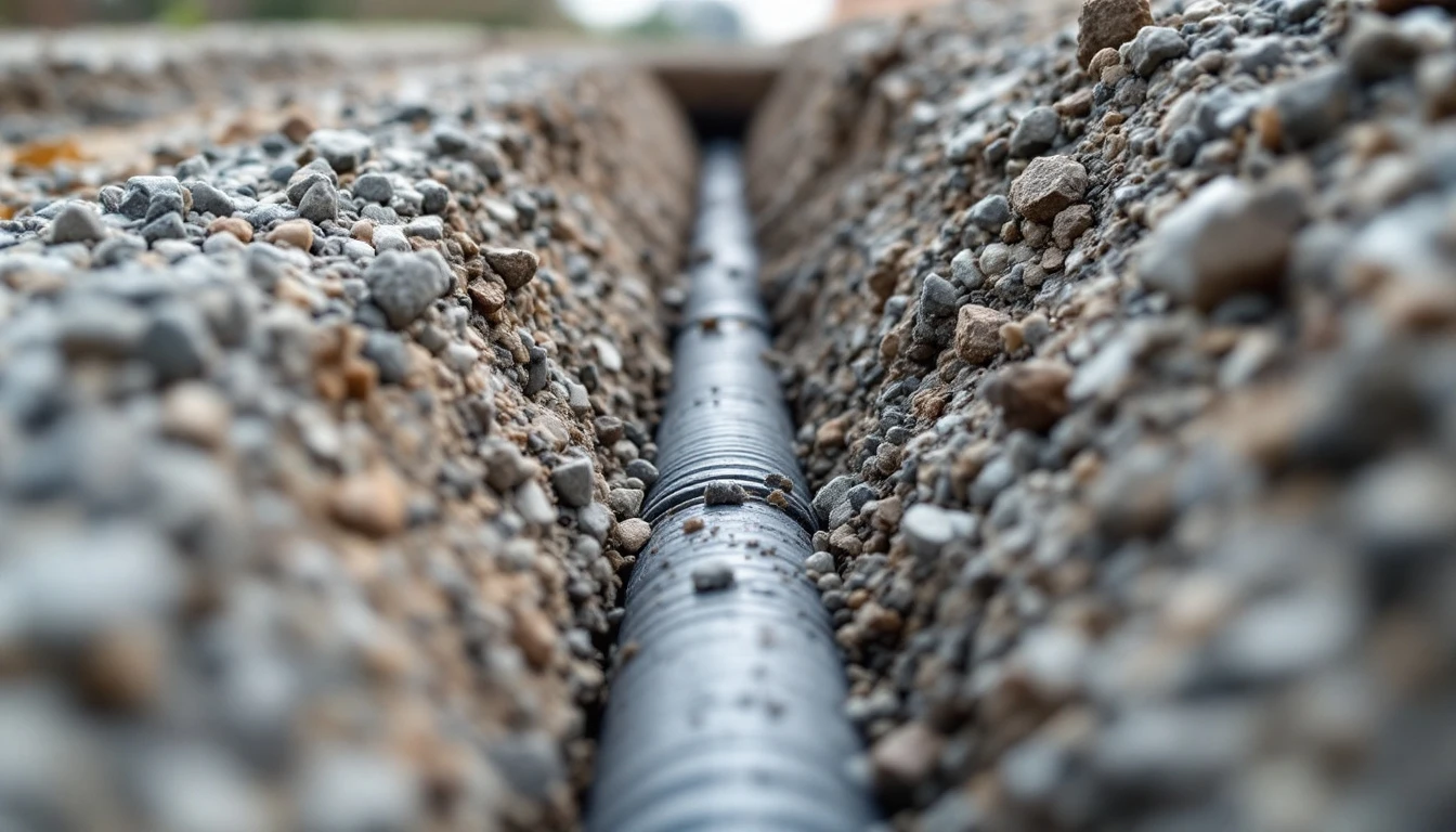 Coarse gravel backfilled around a drain line in a narrow trench