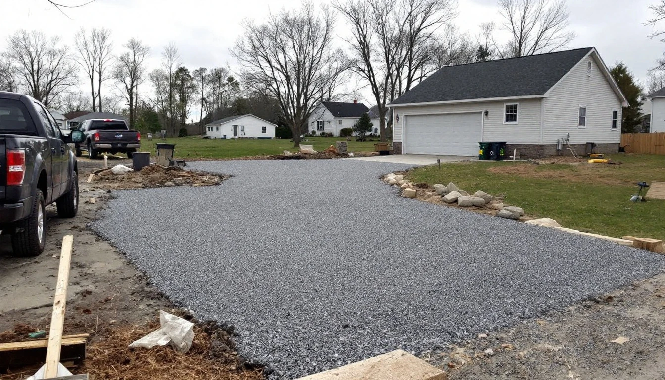 Compacted gravel driveway base awaiting its first surface pour