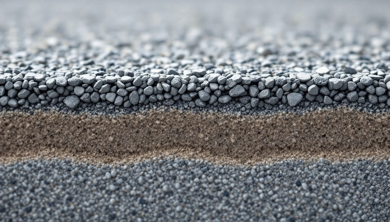 Compacted gravel base layers exposed along a driveway edge profile