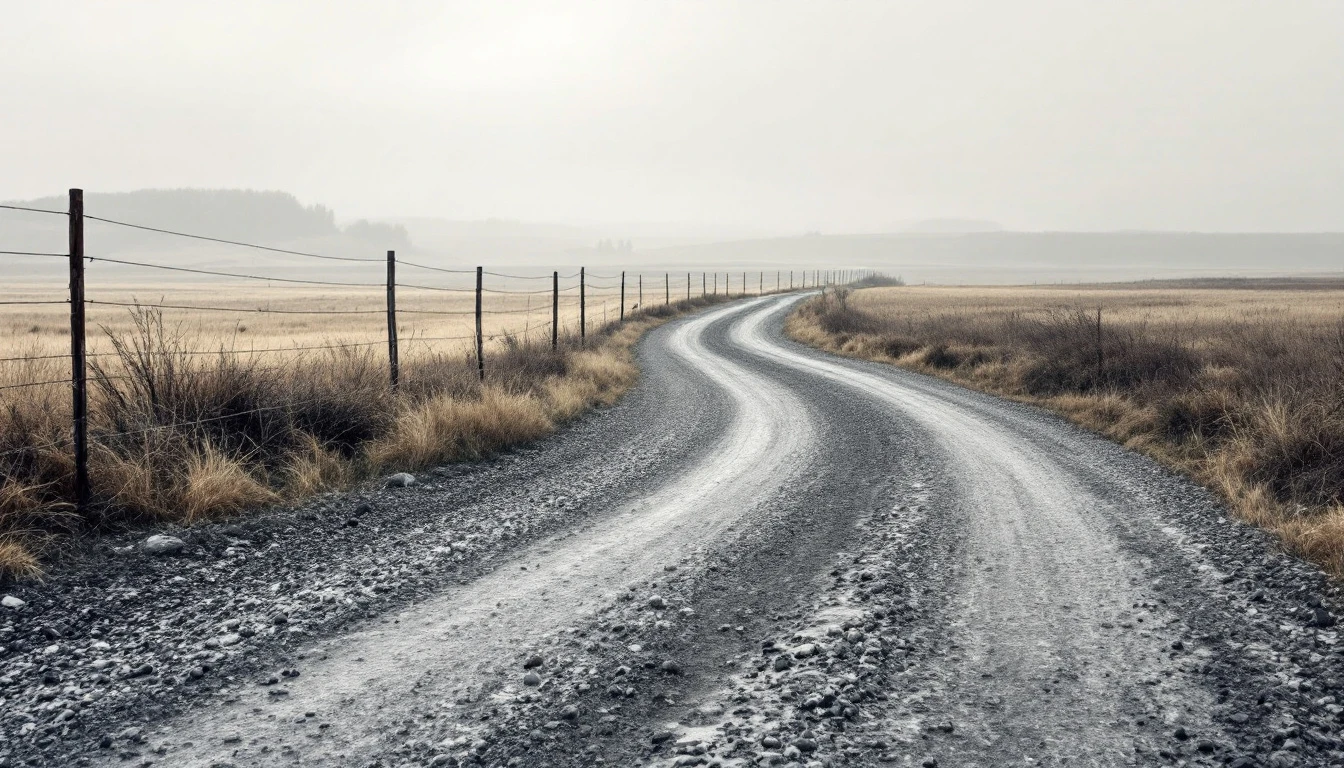 Weathered gravel driveway bending through open pasture under gray sky