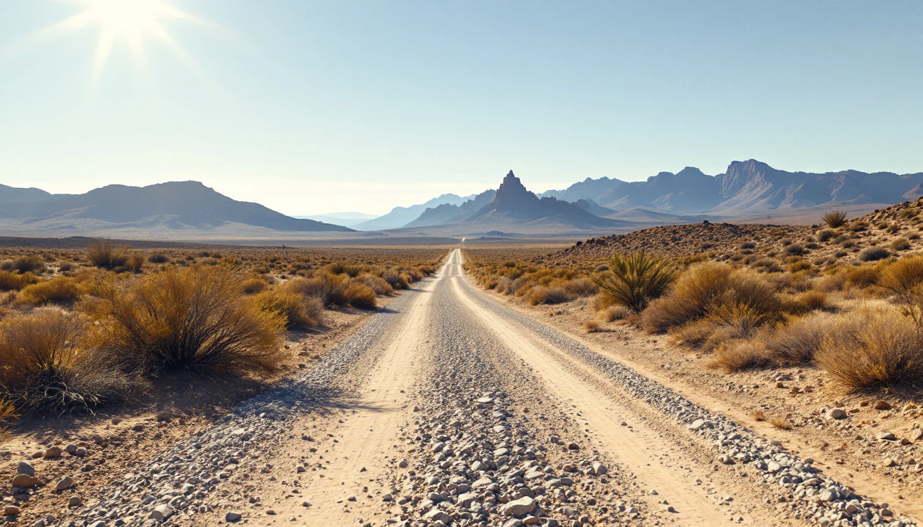 Gravel drive crossing dry scrubland under harsh sun