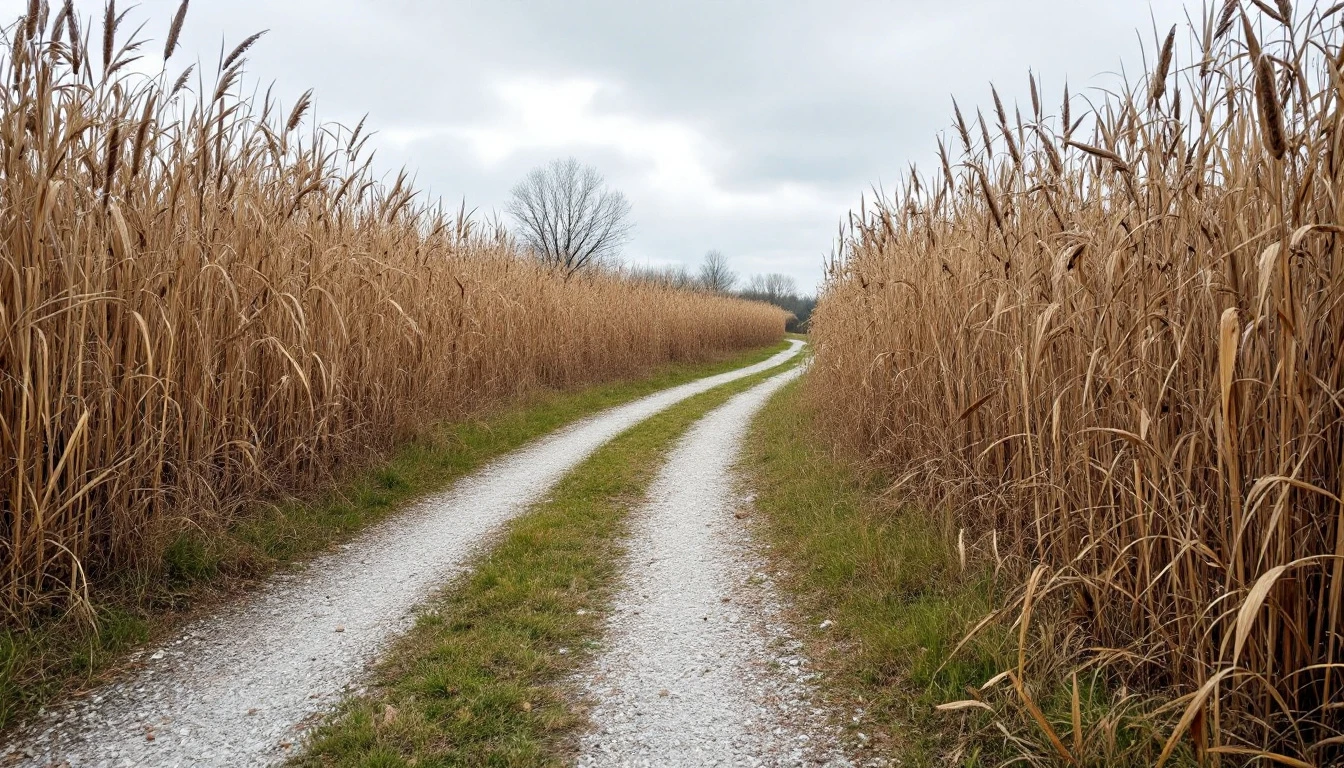 Gravel driveway running beside tall marsh reeds under gray sky