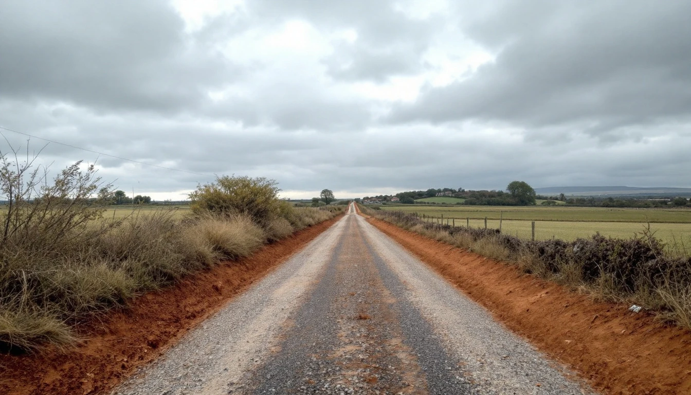Gravel lane edged with a bare clay verge under gray sky