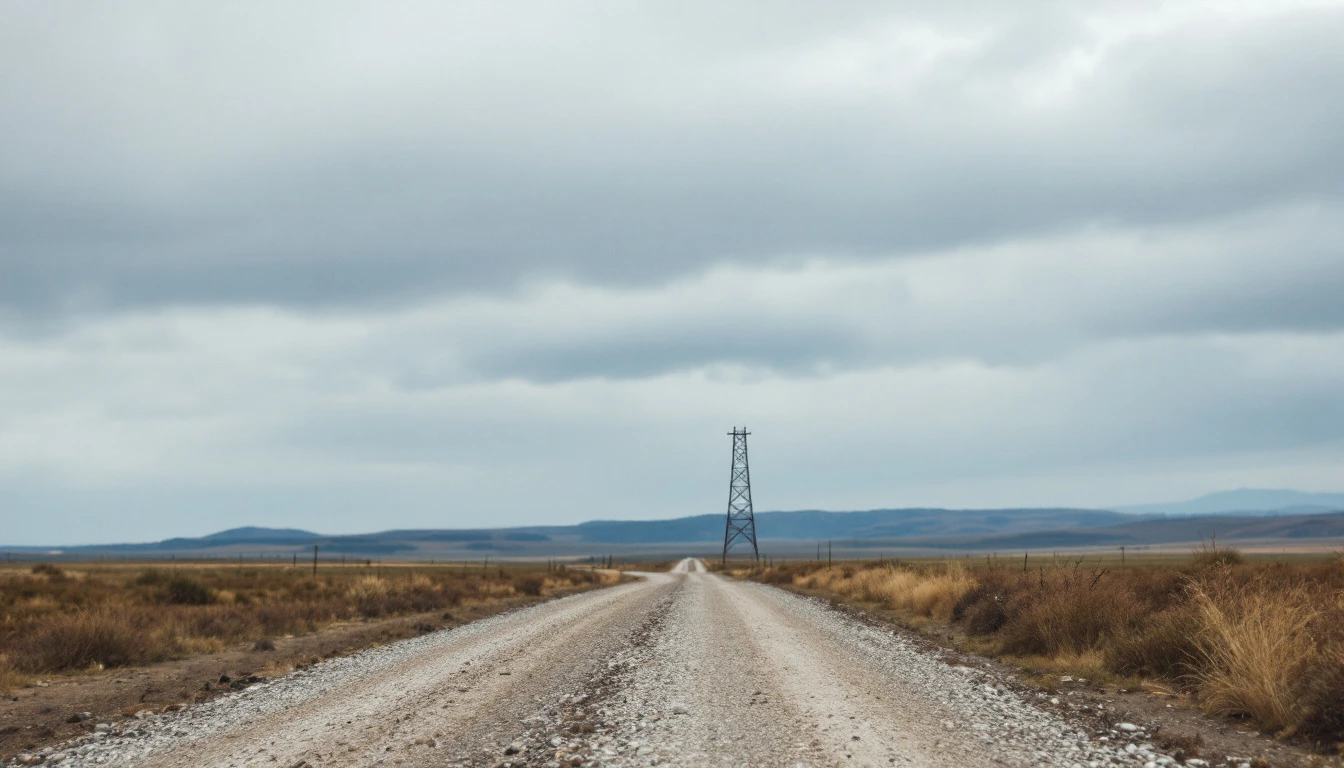 Gravel drive stretching toward a distant lattice tower on open land