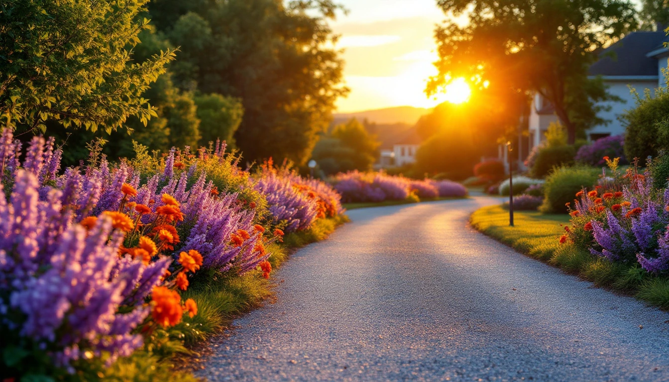 Gravel drive bordered by flowering garden beds in warm evening light