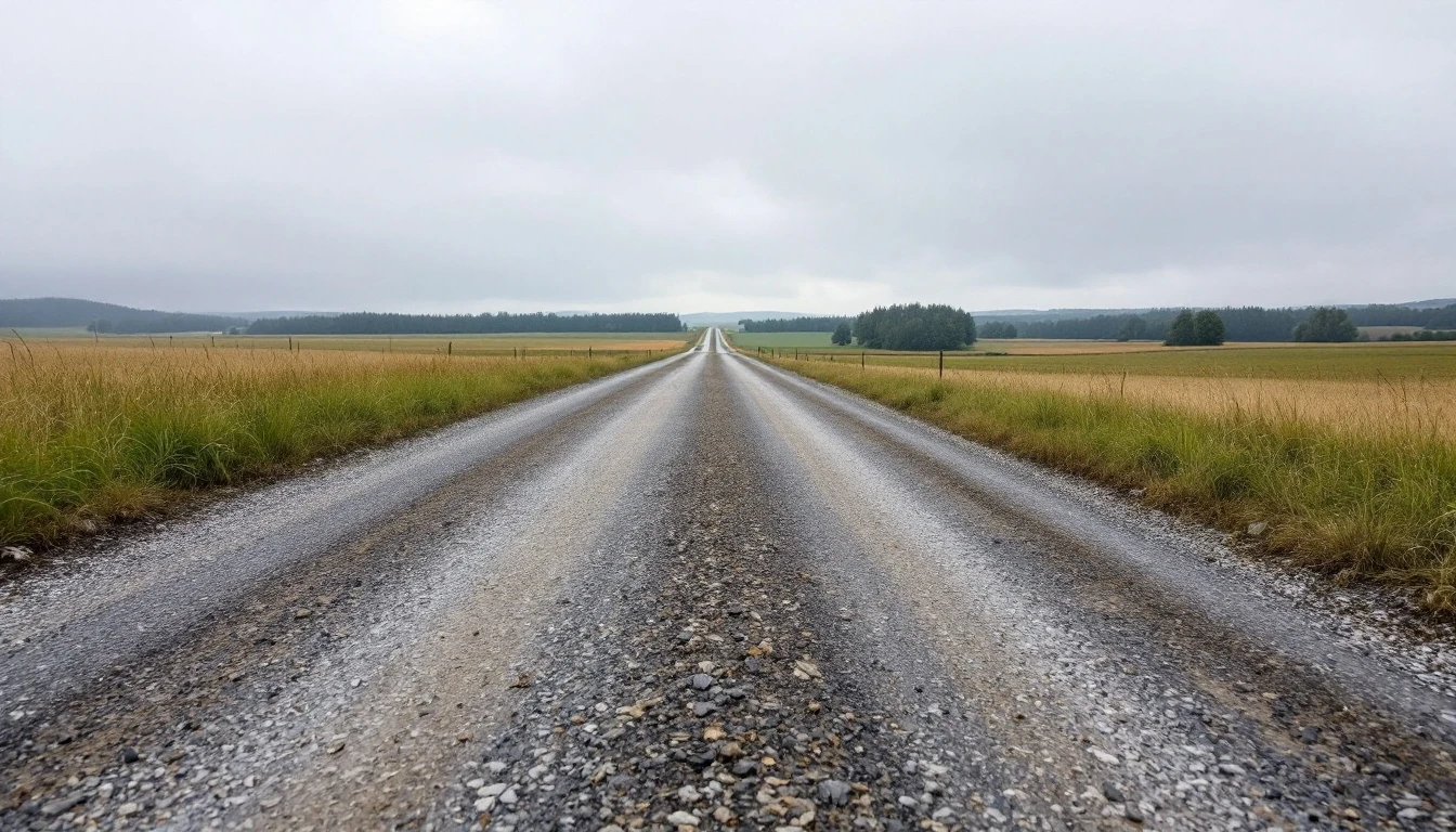 Gravel driveway ending where a paved rural road begins