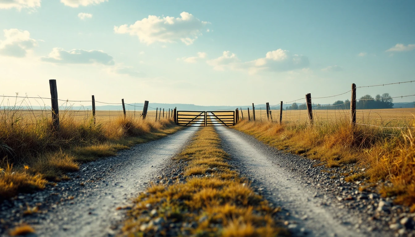 Weathered gravel drive stretching toward a simple farm gate