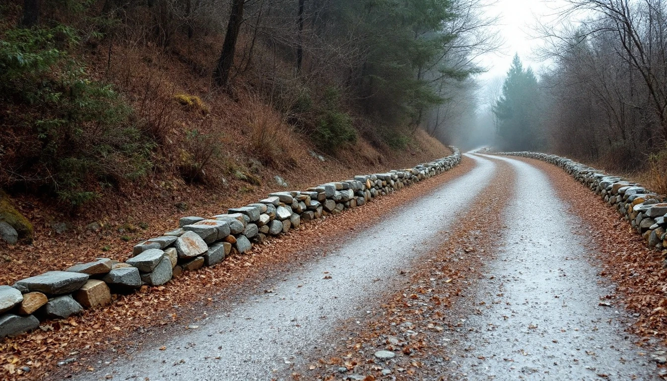 Weathered gravel drive bordered by rough cut stone edging