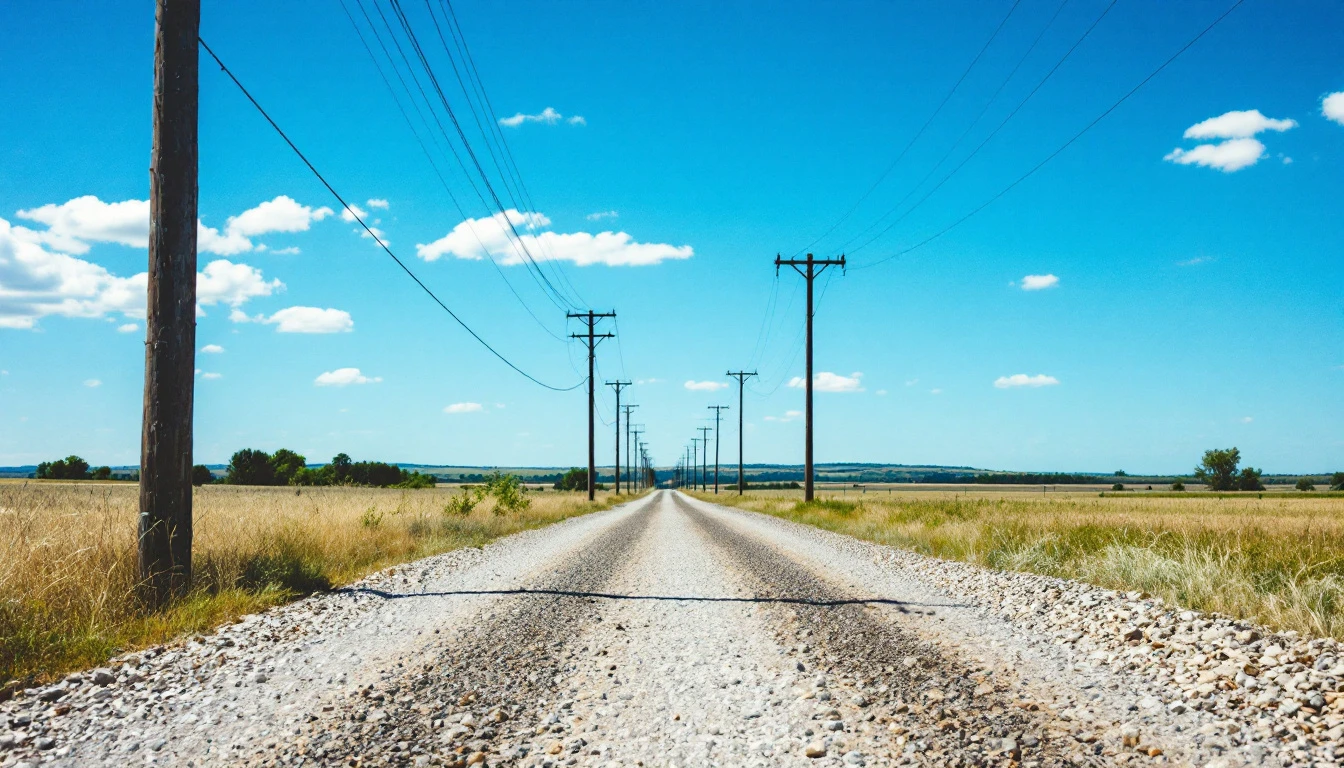 Gravel drive running past utility poles under a clear sky