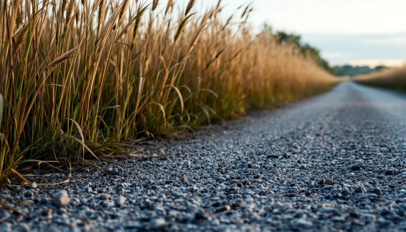 Tall native grasses crowding the edge of a gravel lane in warm evening light