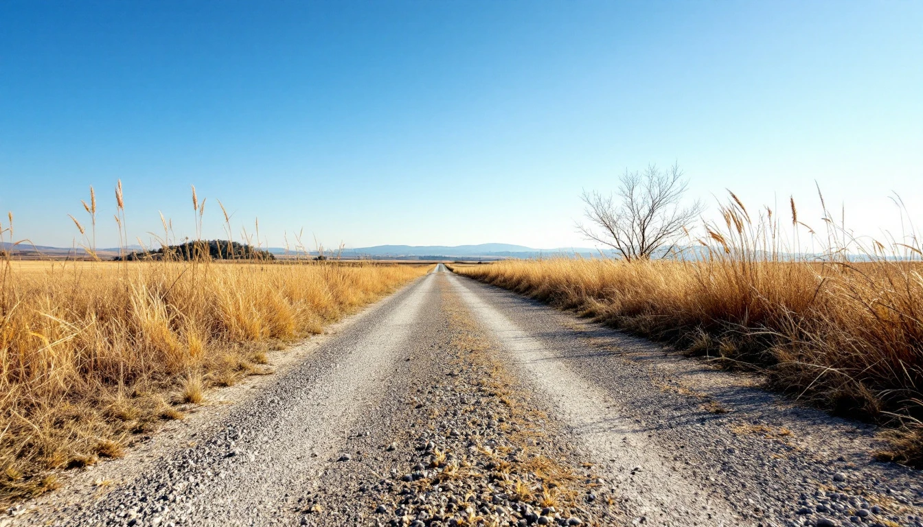 Worn gravel lane running straight through dry sun baked grass