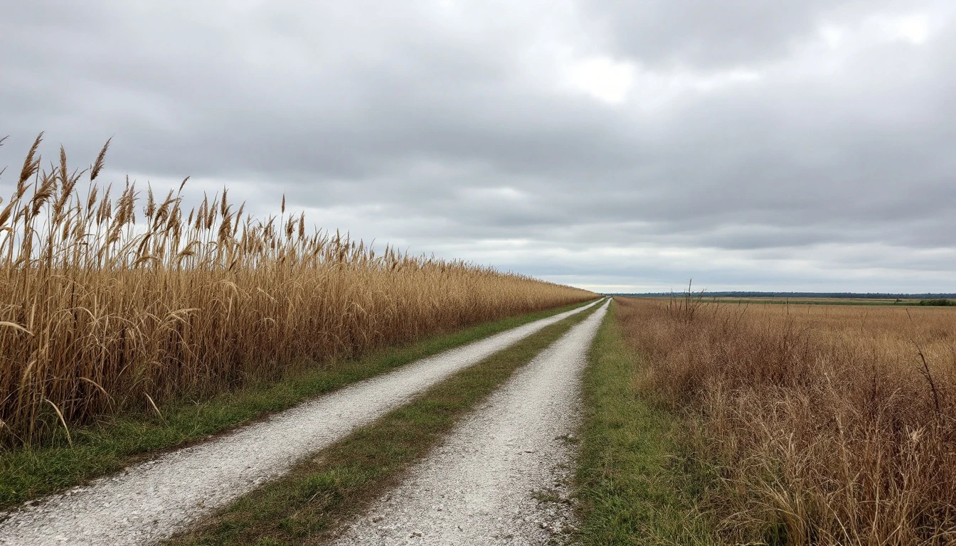 Gravel lane bordered by tall reeds and wet meadow grasses under gray skies