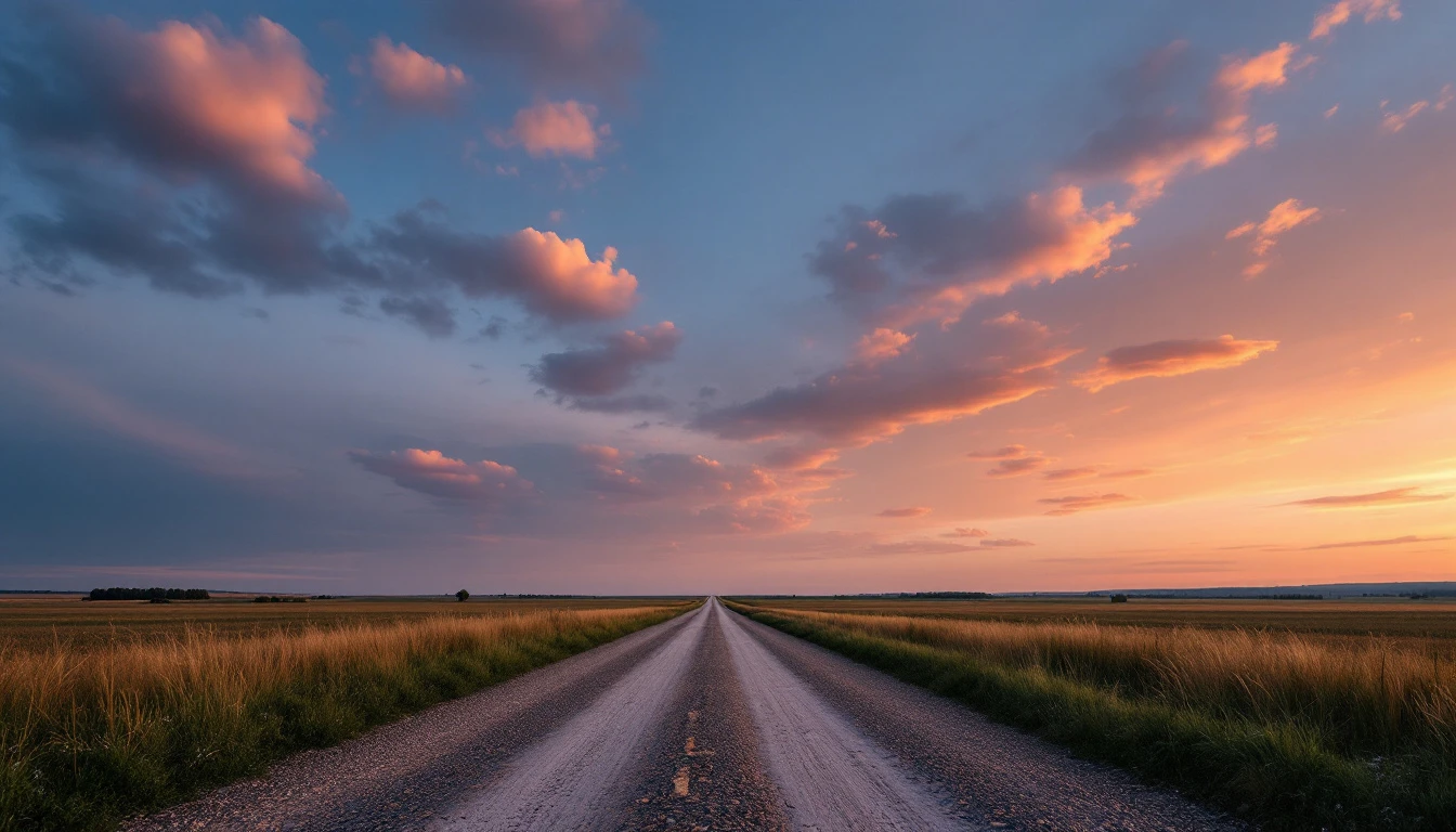 Long gravel lane stretching beneath a wide open evening sky