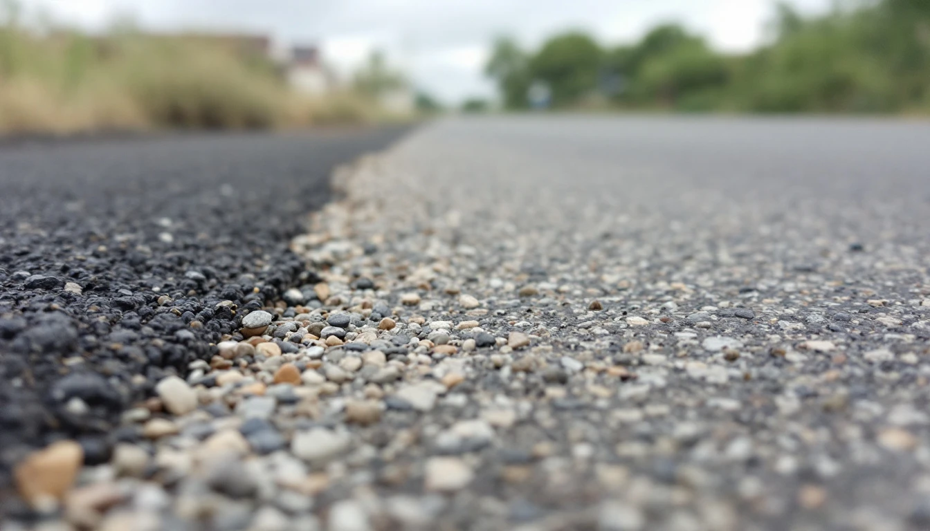 Loose gravel meeting a worn asphalt lane at a low view