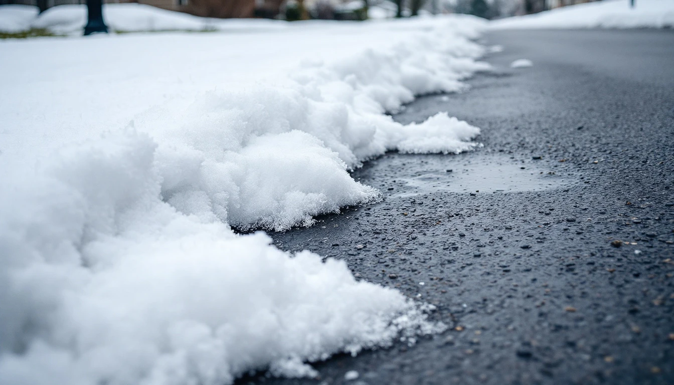 Melting snow clinging to the edges of weathered gray asphalt