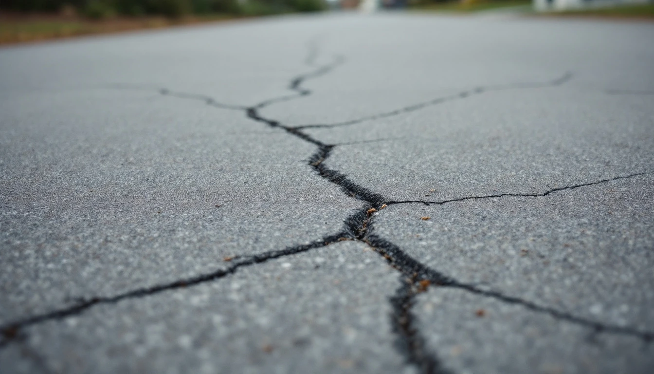 Low angle view of hairline cracks across a gray concrete driveway
