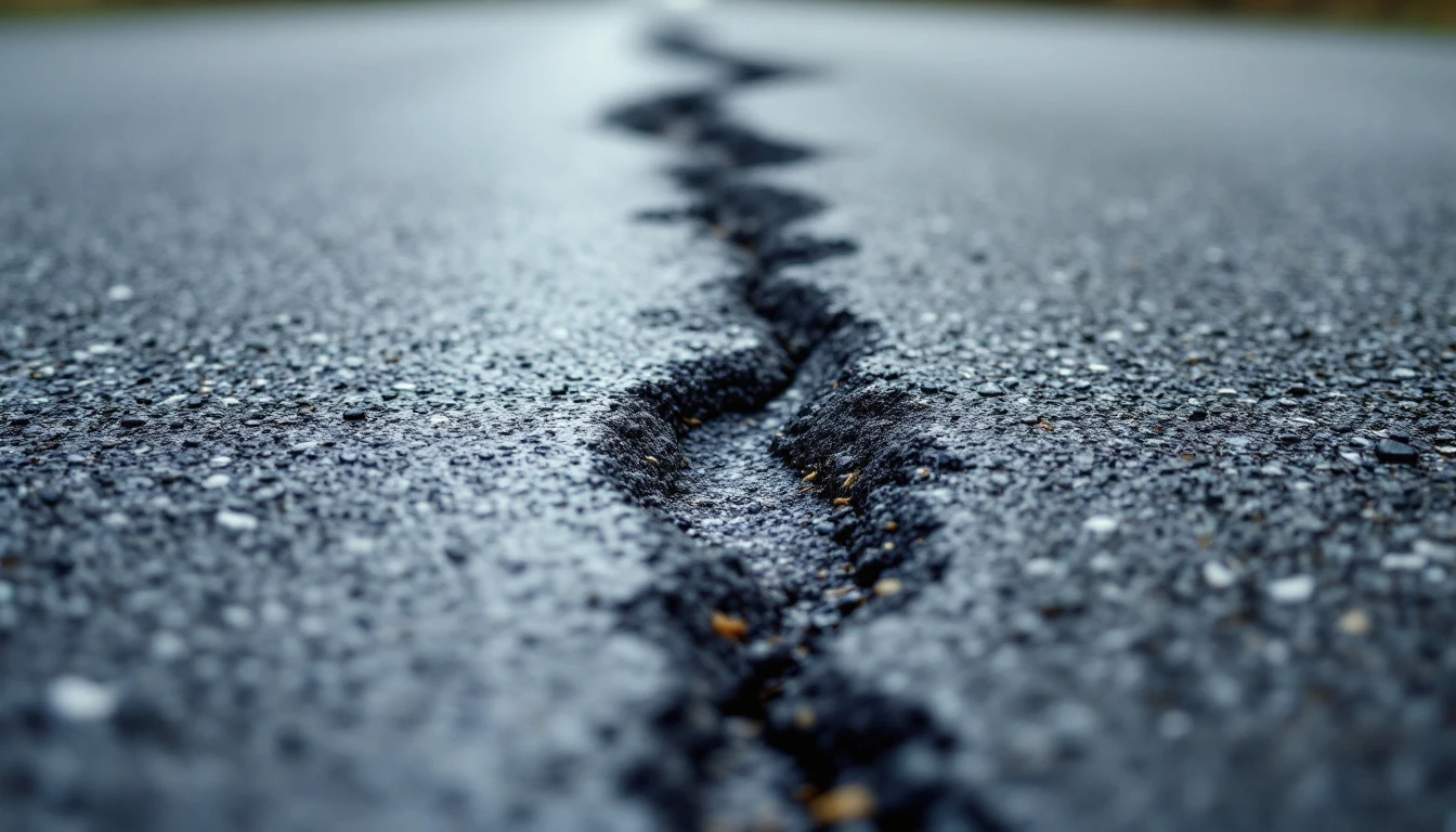 Fresh gray filler running along a wide asphalt fissure