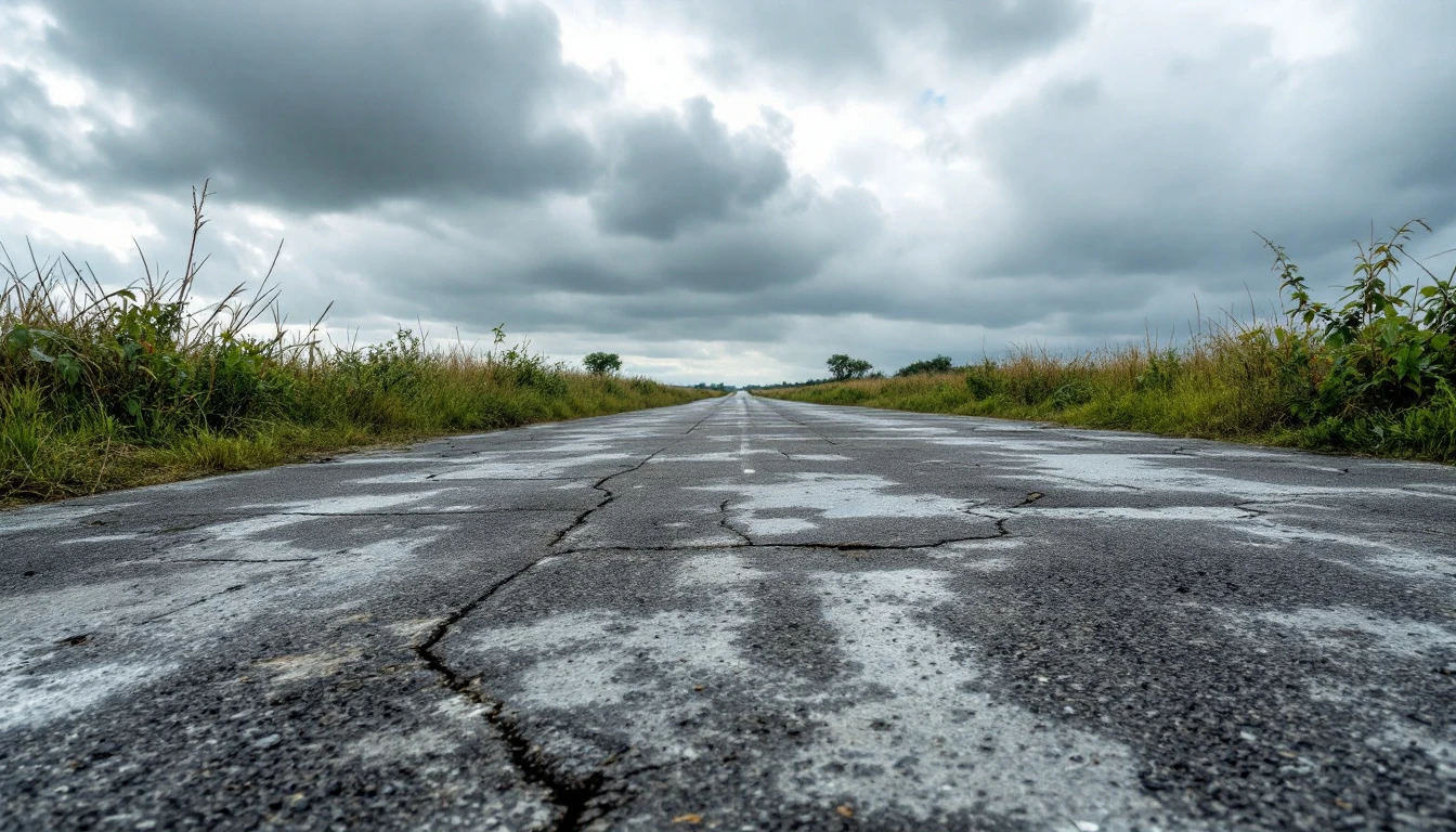 Low angle along weathered gray concrete surface under clouds