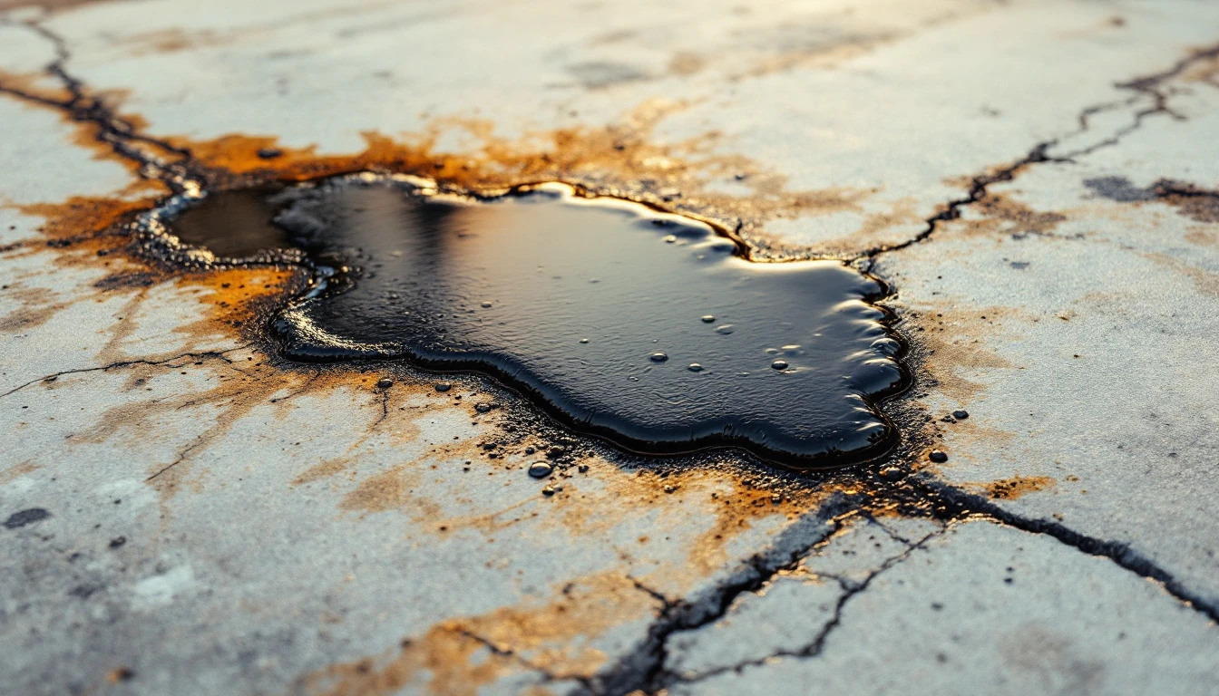 Dark greasy blotch soaking into a pale concrete slab