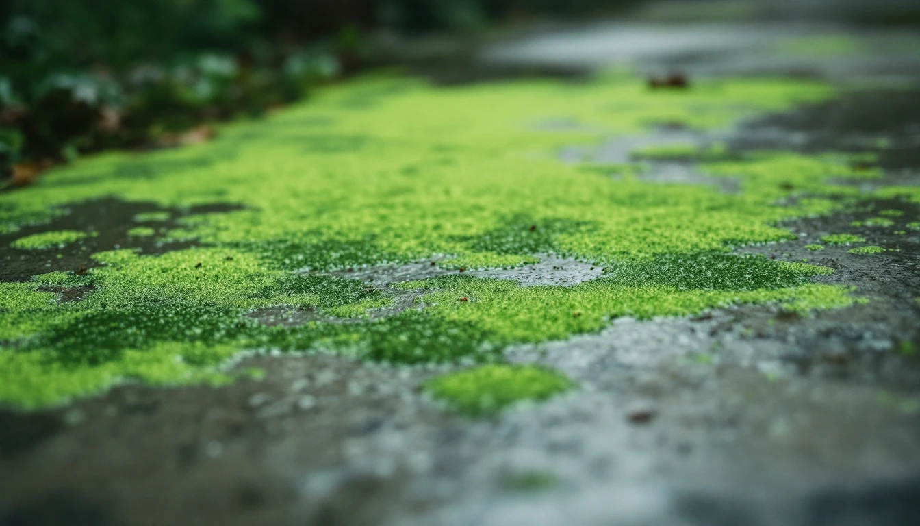 Green algae film spreading across a damp concrete slab
