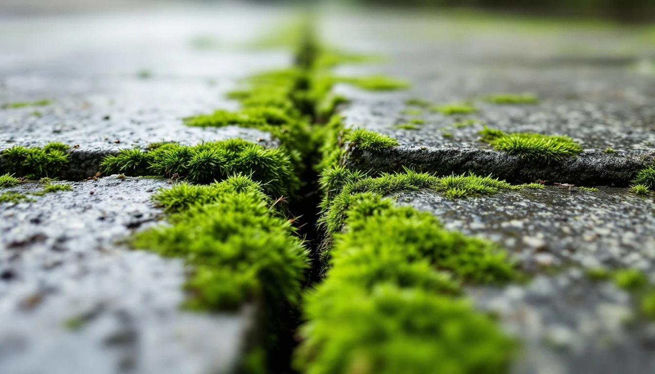Green moss patches creeping along damp concrete joints