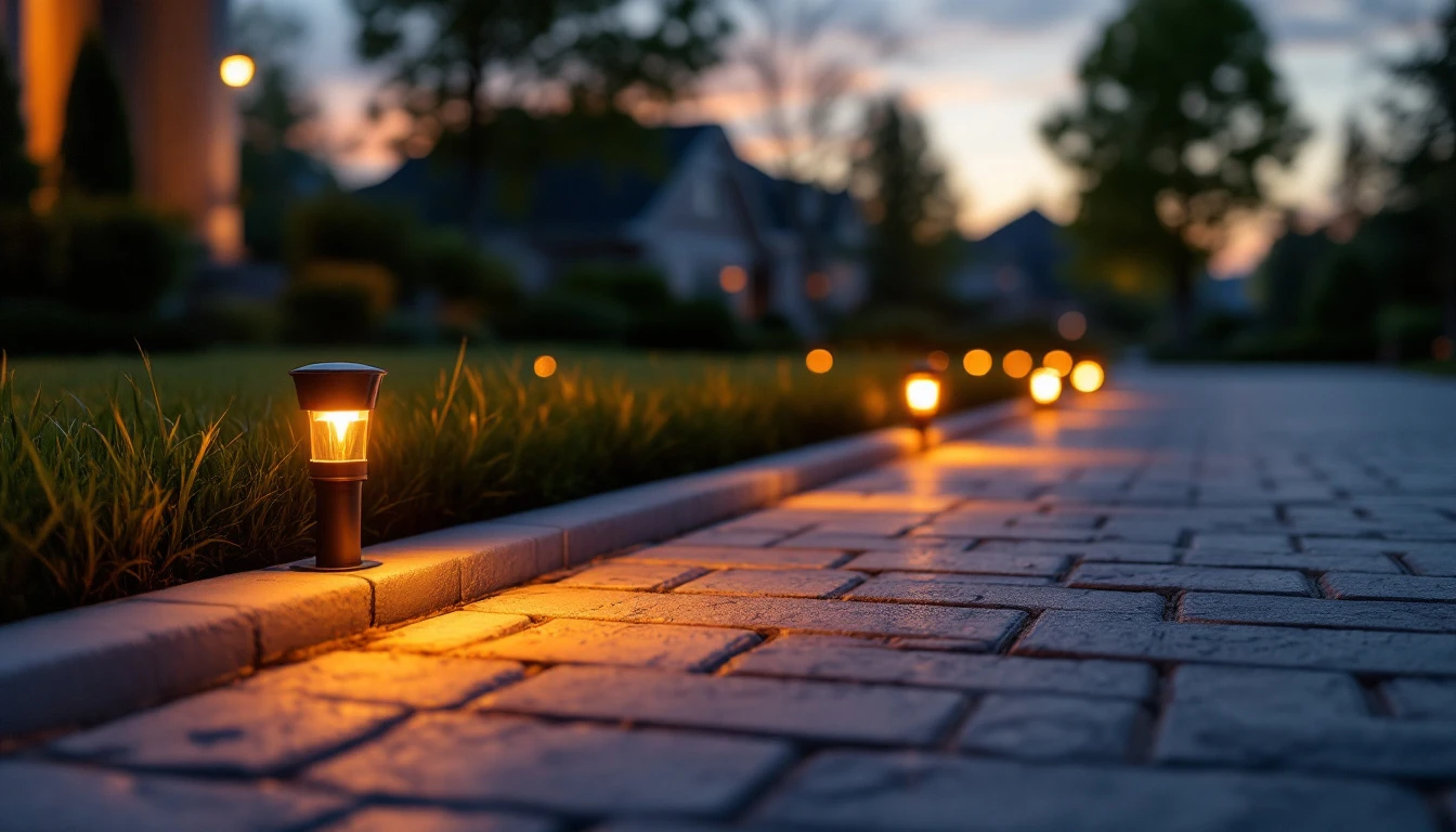 Small ground lights glowing along the border of a paver driveway