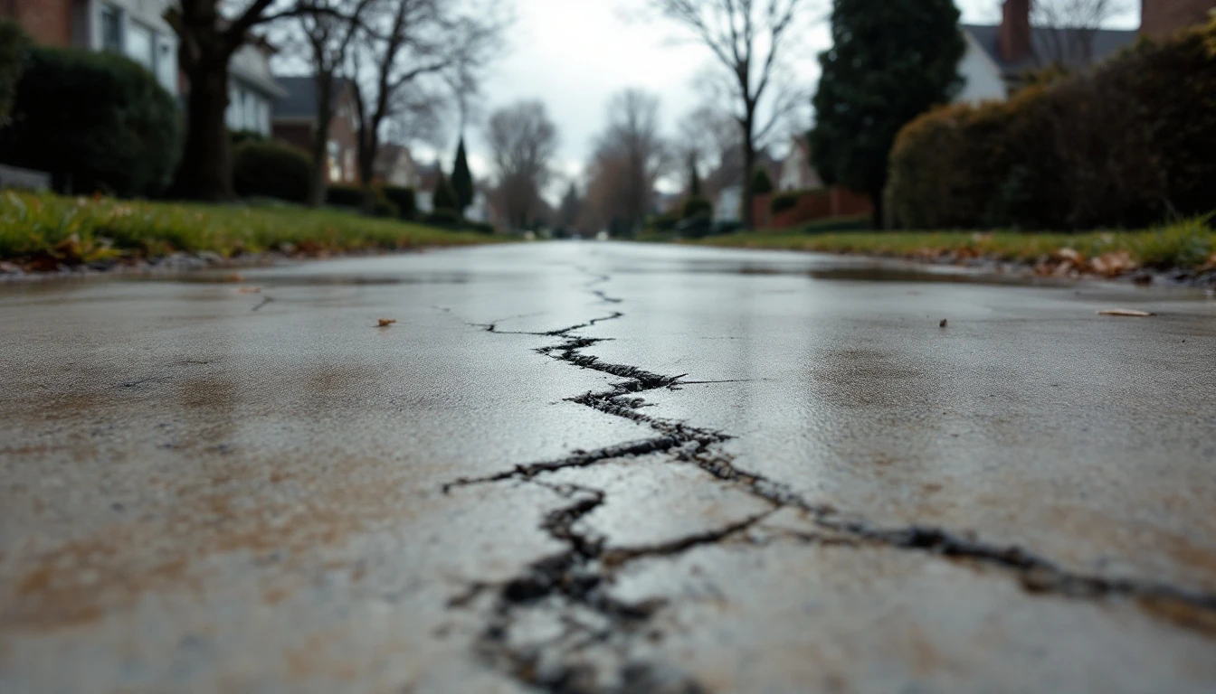 Hairline cracks across an aging concrete drive at a quiet frontage
