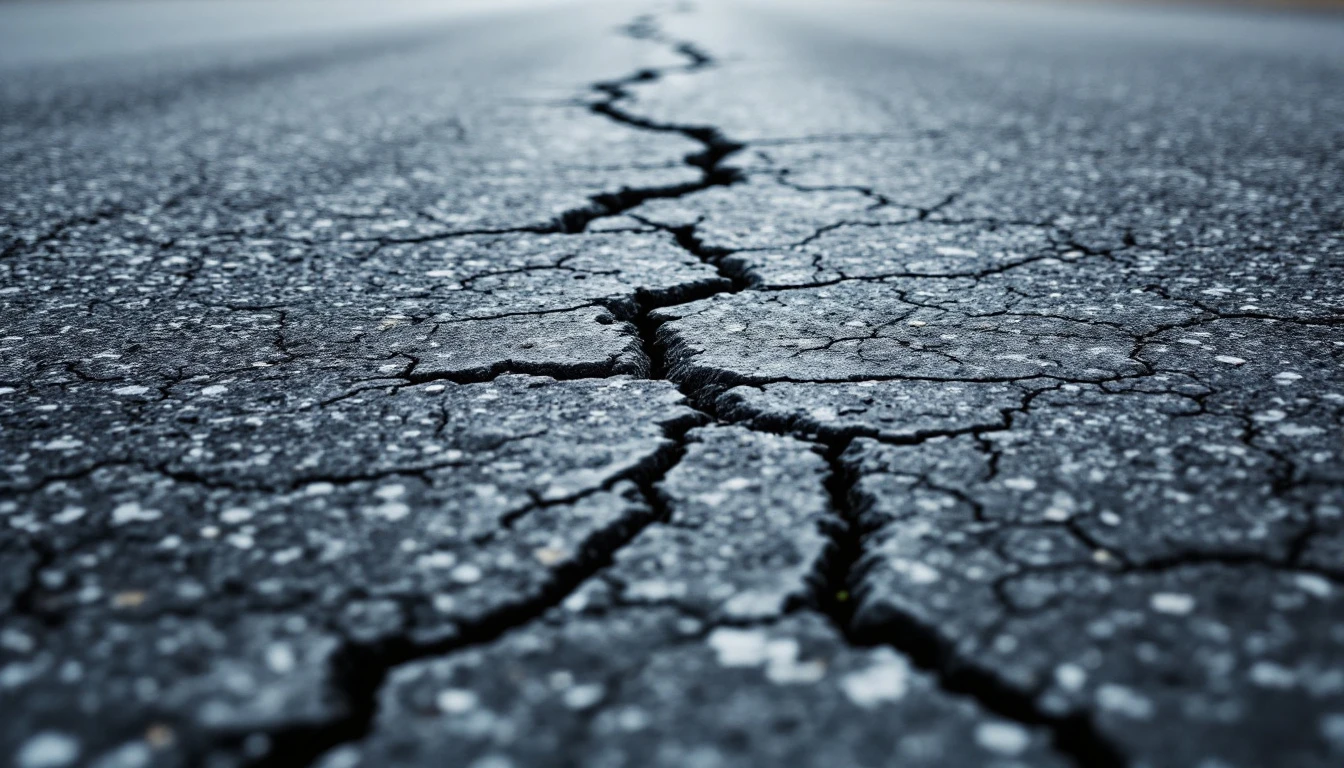 Fine hairline cracks threading through a gray weathered asphalt surface