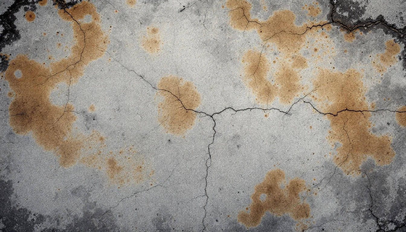 Hairline cracks and stain spots across an aging concrete slab