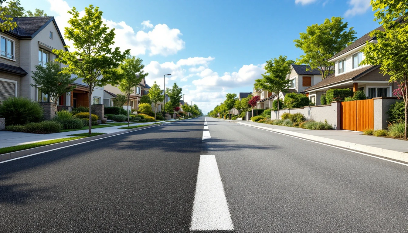 Sunlit frontage split between dark blacktop and pale concrete