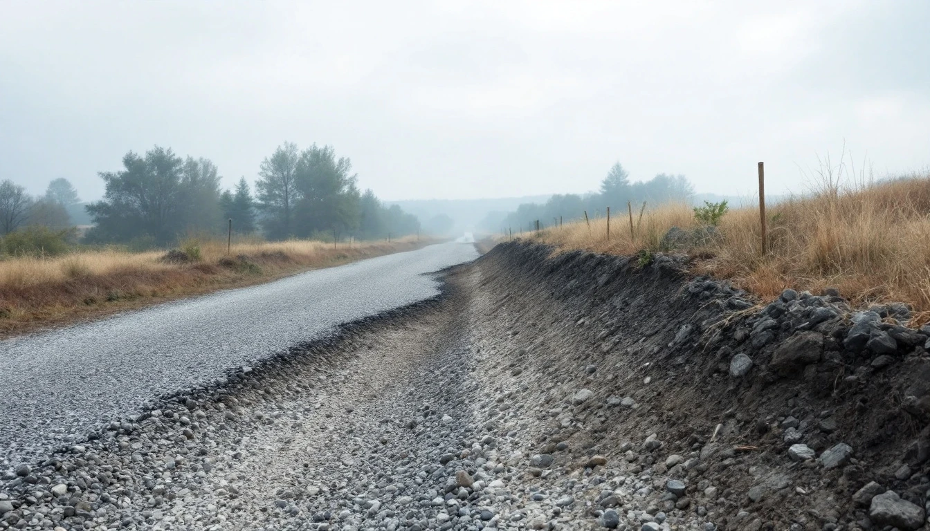 Half graded gravel lane with fresh stone spread over old surface