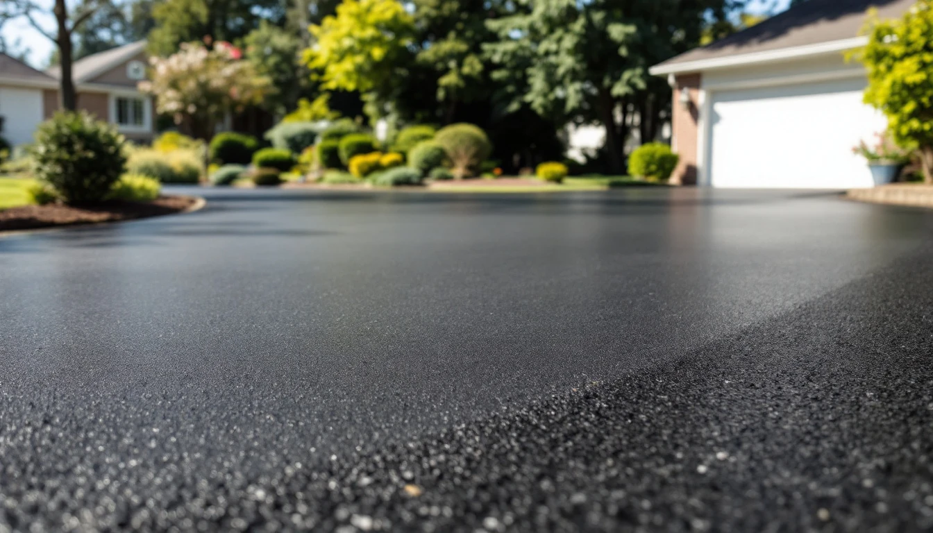 Half of an asphalt drive coated in fresh black sealer
