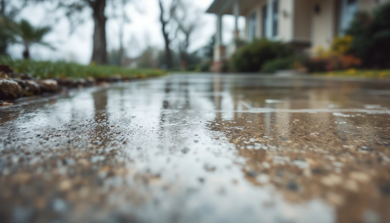 Half washed concrete drive still damp after a deep cleaning