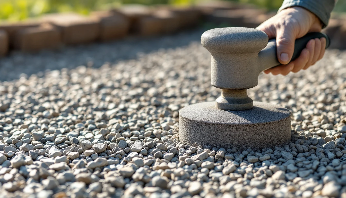 Hand tamper resting on a freshly compacted gravel driveway base
