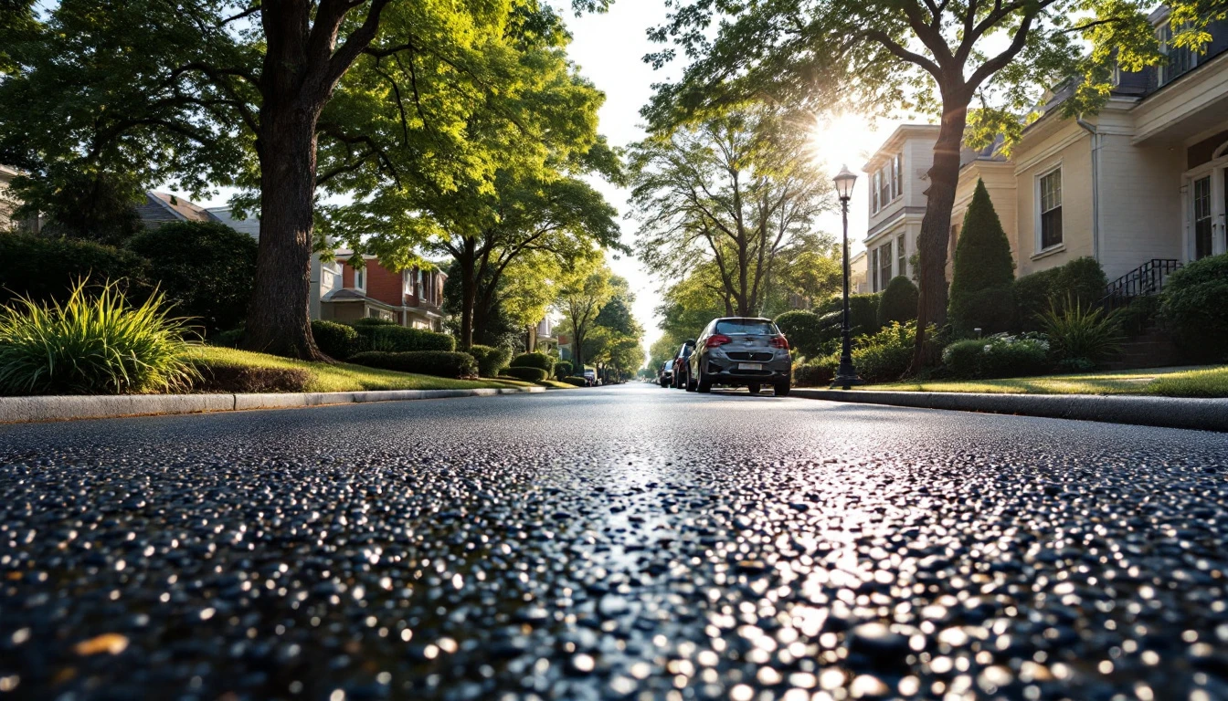 Sealed blacktop drive glaring under harsh midday sun