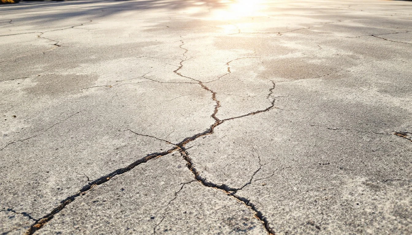 Heat cracked concrete driveway surface in harsh midday sunlight