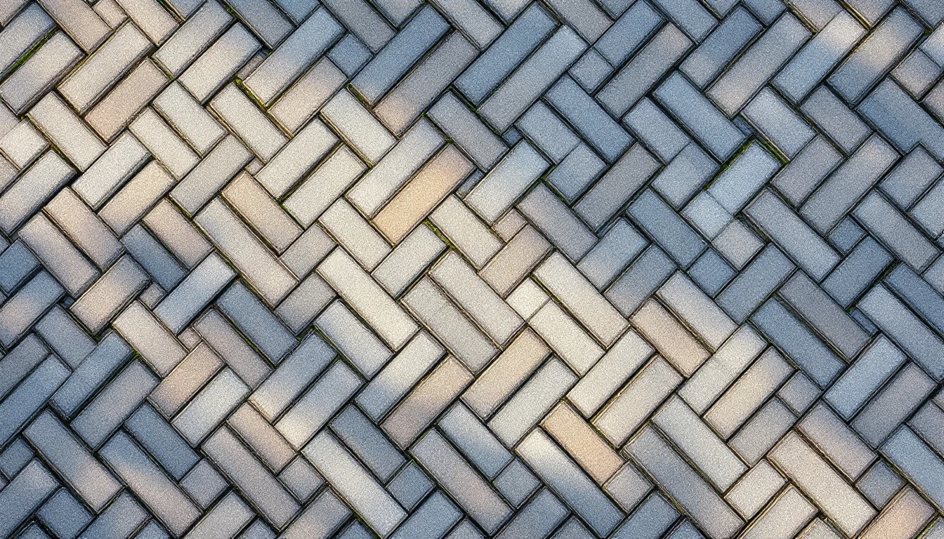 Neat herringbone paver pattern stretching across a driveway viewed overhead