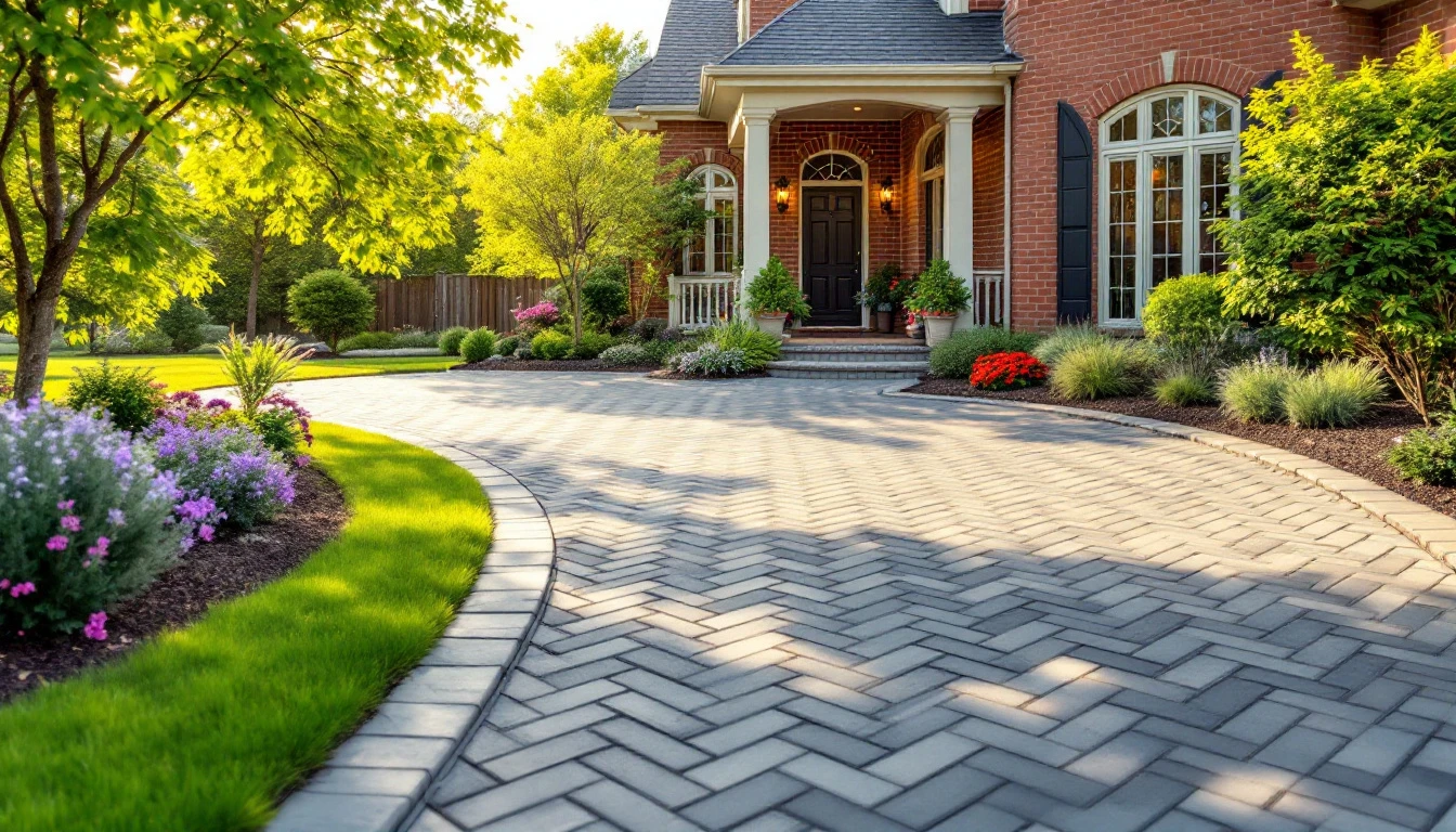 Herringbone paver driveway in front of a brick home under midday sun