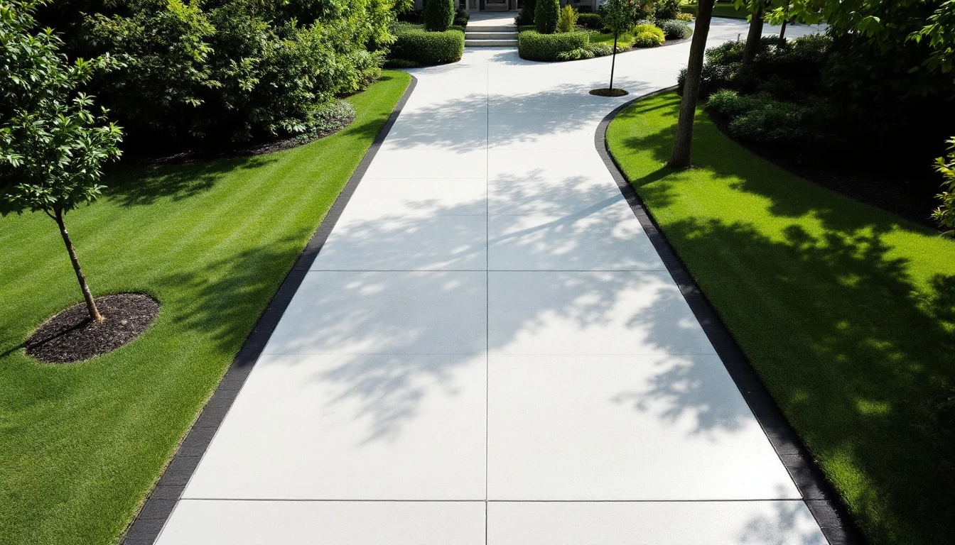 High angle look down a long concrete driveway